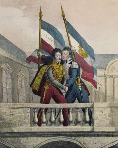 The Duke of Orleans Embracing General La Fayette and Raising the National Colours on the Terrace of the Palais-Royal, 30th July 1830 by Labastide